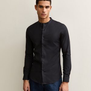 Black Muscle Fit Cotton Poplin Grandad Shirt