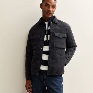 Dark Grey Patch Pocket Collared Quilted Jacket