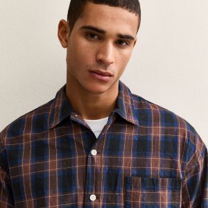Dark Blue Boxy Long Sleeve Checked Shirt