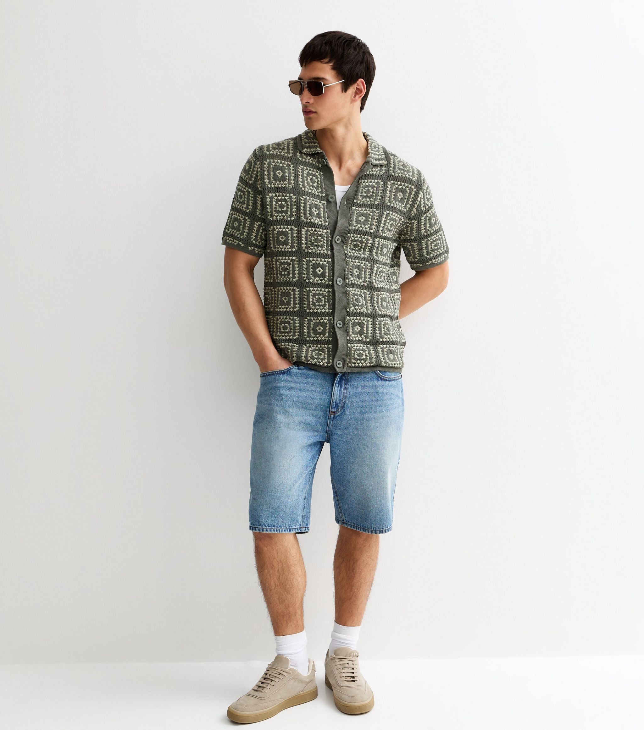 Light Khaki Crochet Knit Relaxed Shirt - Image 3