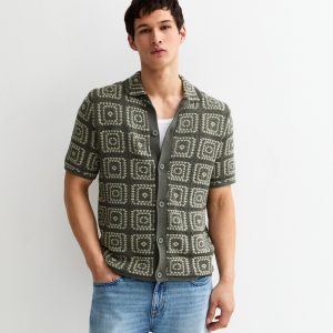 Light Khaki Crochet Knit Relaxed Shirt