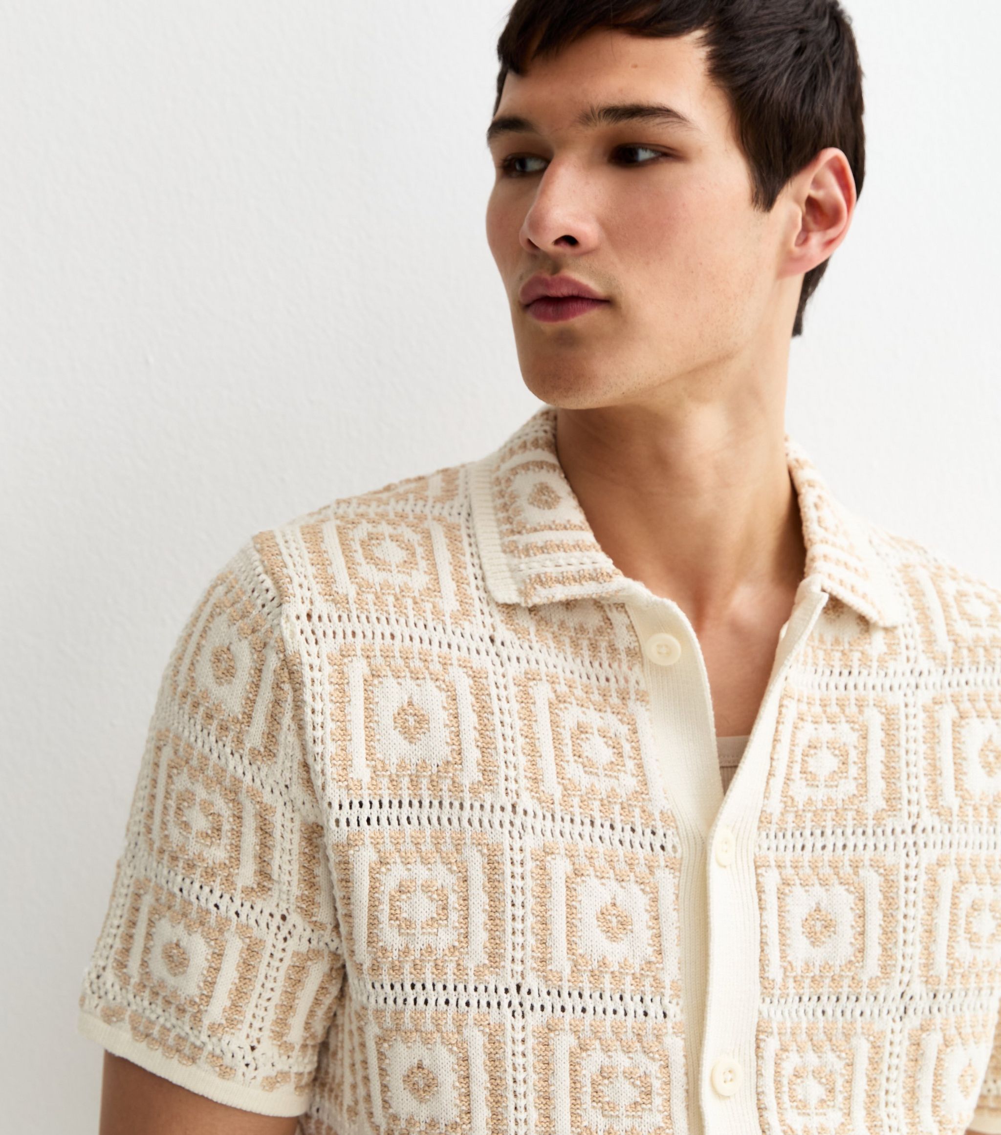 Oatmeal Crochet Knit Relaxed Shirt - Image 2
