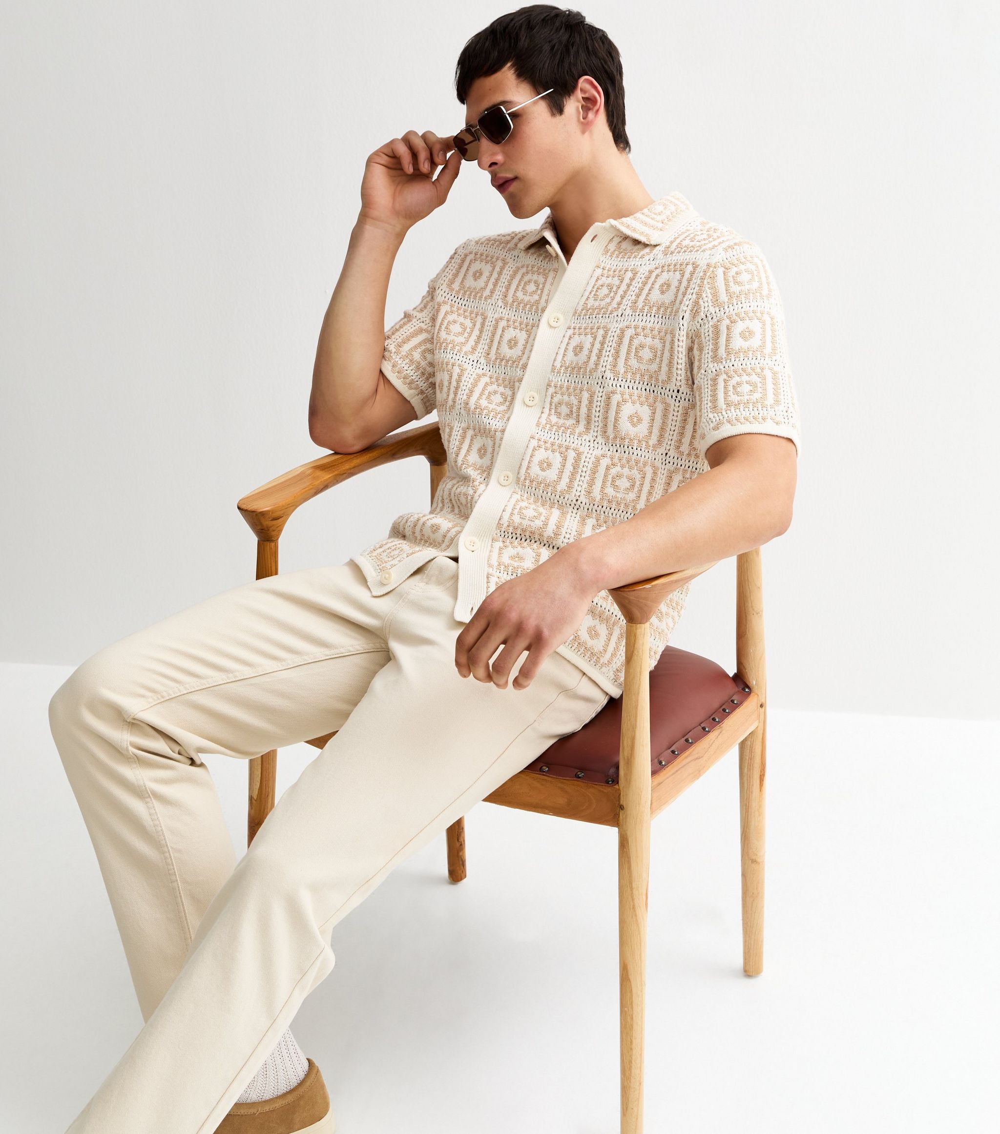 Oatmeal Crochet Knit Relaxed Shirt - Image 4